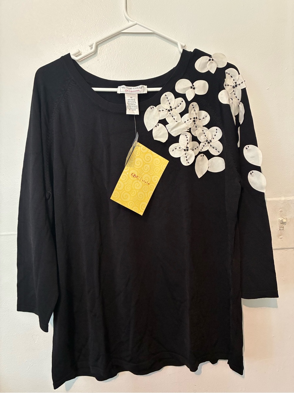 Victor Costa Black Long Sleeve Top with White Floral Appliqué